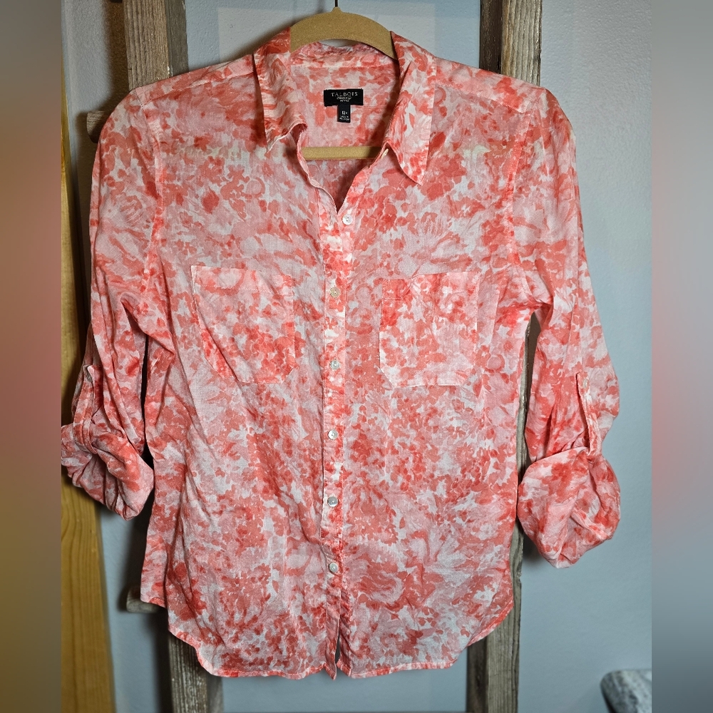 Talbot's CORAL and White Button-Up Blouse 12P